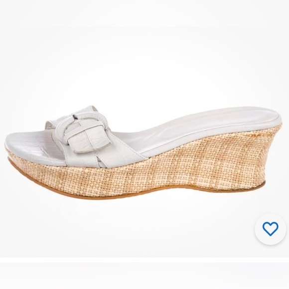 Stuart Weitzman Shoes - Stuart Weitzman Buckster Croc Embossed Wedge Sandal White Tan